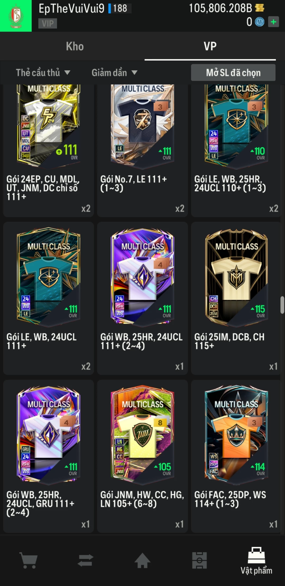 Ảnh ACC mở thẻ (LOẠI SVIP PROMAX) bao gồm có 01 thẻ +12, 03 thẻ PRIME (QH+, CP+, XS+) và hơn 1500+ đến 1600+ thẻ cầu thủ từ Siêu sao đến Miền núi các loại. Acc có sẵn BP trắng từ 90.000 tỷ BP đến 110.000 tỷ BP kèm theo nhiều ngày SVIP